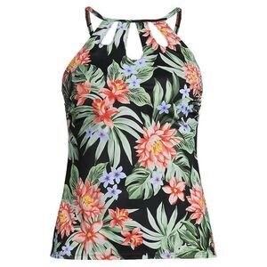 Land's End  keyhole tankini swimsuit top Black Multi Dahlia Floral Print Var